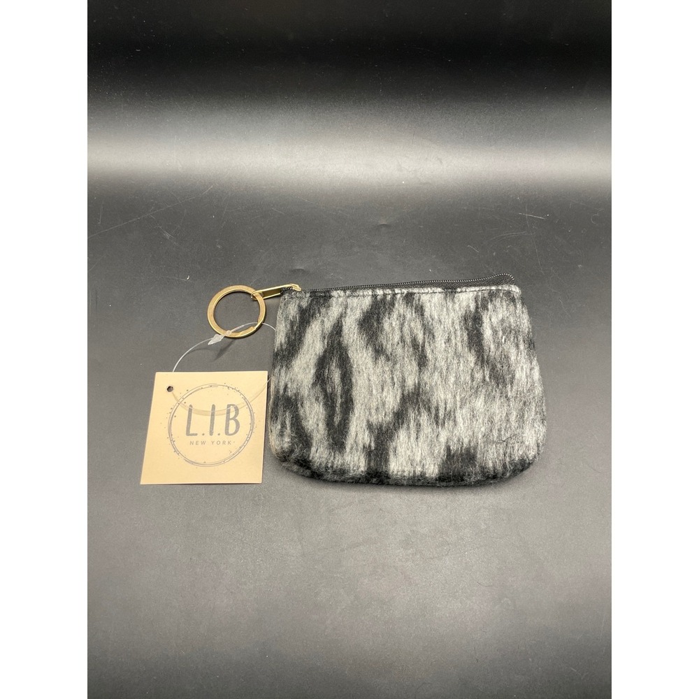 L.I.B New York Gray Black Fuzzy Ikat Coin Purse Pouch Keychain Wallet NWT